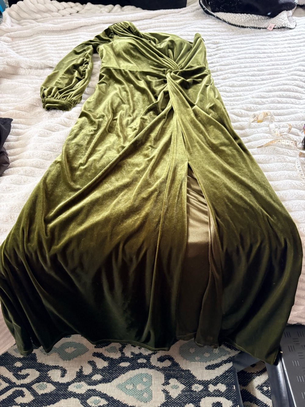 Revelry One Sleeved Olive Green Velvet Twist Maxi Dress Sz 12